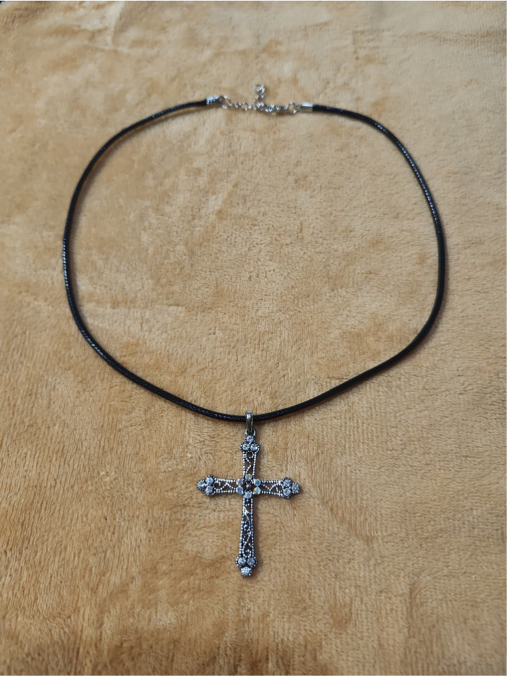 Cross Pendant Necklace with Rhinestones on Black Cord